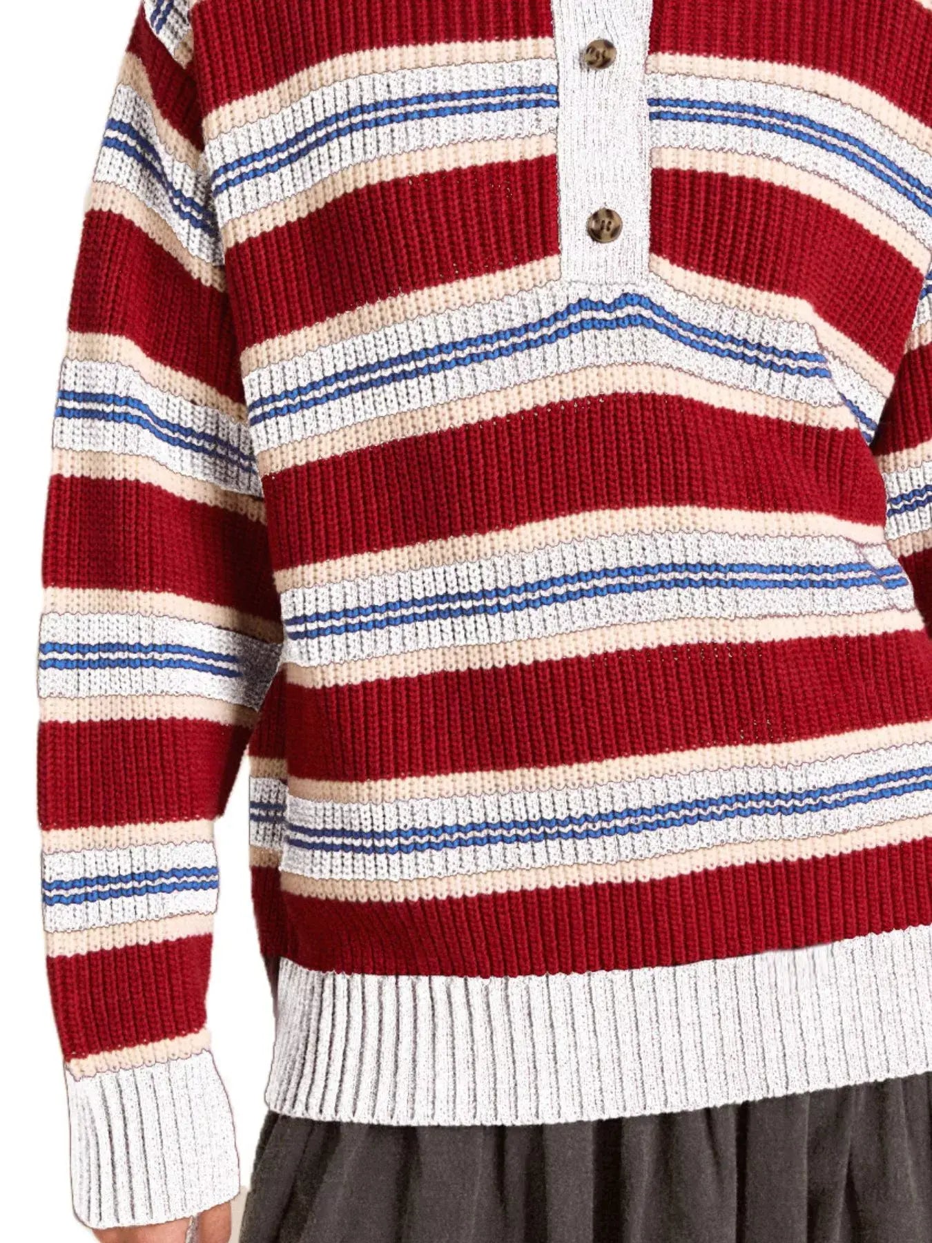 Striped Button Detail Polo Collar Sweater - Trendsi - Flyclothing LLC