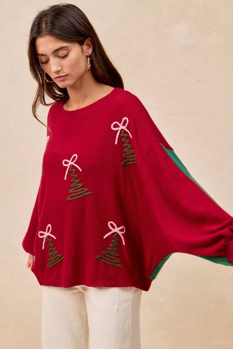 BiBi Christmas Theme Tree Embroidered Sweater - Trendsi - Flyclothing LLC