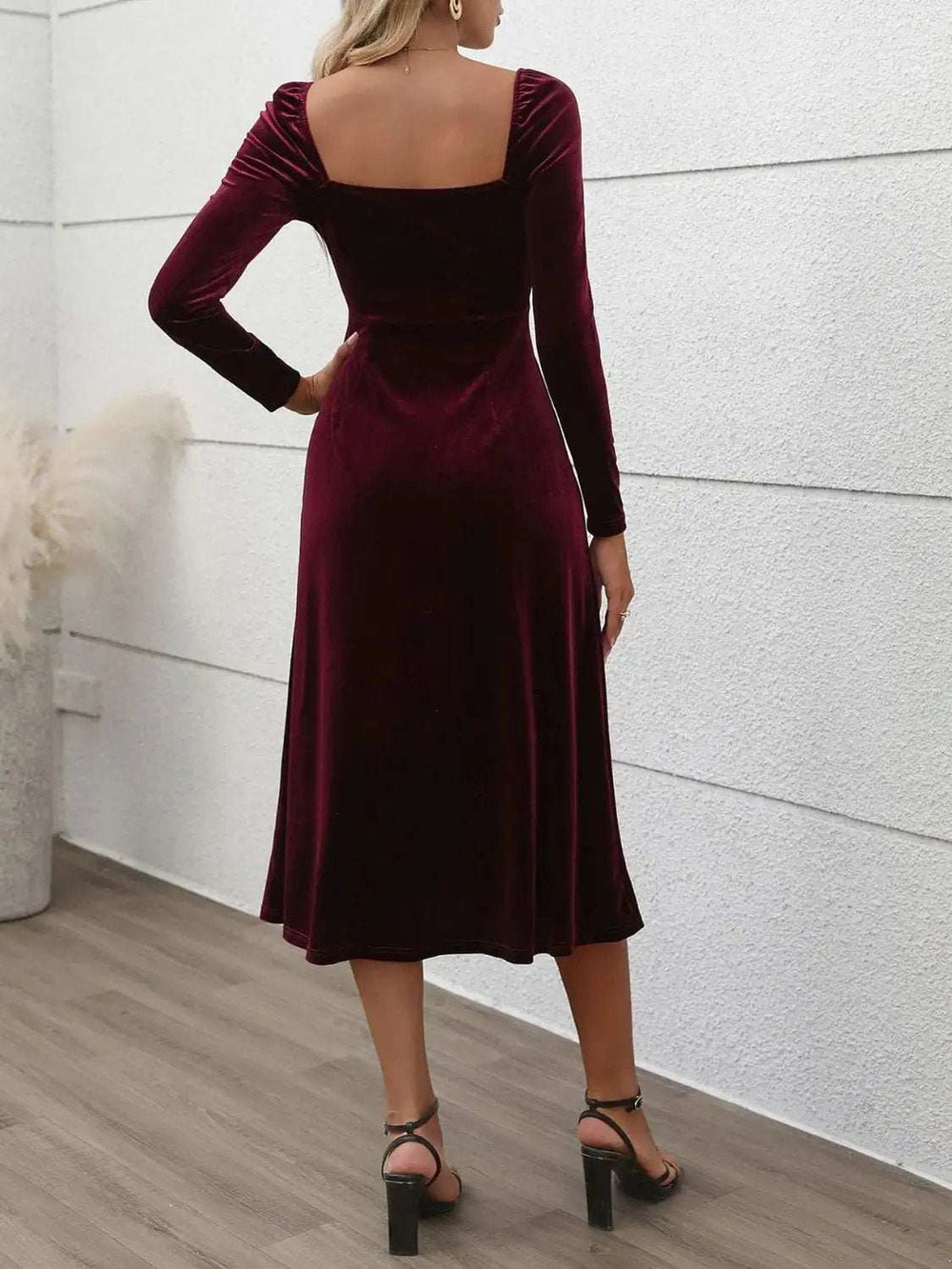 Perfee Sweetheart Neck Long Sleeve Midi Dress - Trendsi - Flyclothing LLC