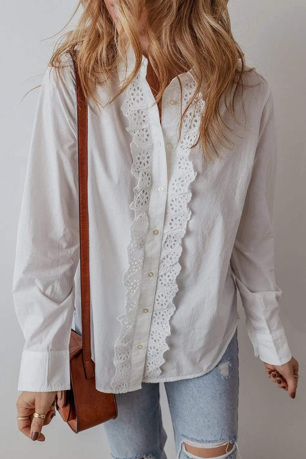Eyelet Button Down Long Sleeve Shirt - Trendsi - Flyclothing LLC