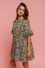 BiBi Leopard Denim Dress With Back Contrast Tie Detail - Trendsi - Flyclothing LLC