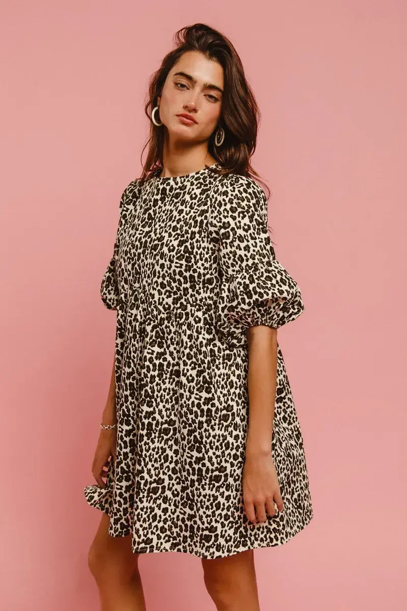 BiBi Leopard Denim Dress With Back Contrast Tie Detail - Trendsi - Flyclothing LLC