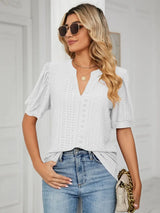Florira Eyelet Notched Short Sleeve T-Shirt - Trendsi - Flyclothing LLC
