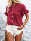 Button Down Ruffled Short Sleeve Shirt - Trendsi