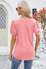 Frill Notched Short Sleeve Blouse - Trendsi - Flyclothing LLC