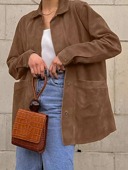 Button Up Collared Neck Long Sleeve Jacket - Trendsi