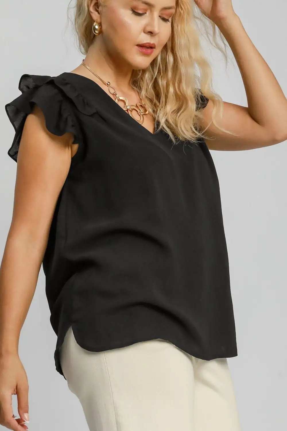 Umgee Full Size V-Neck Double Layered Ruffle Sleeve Blouse Plus Size - Trendsi - Flyclothing LLC