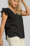 Umgee Full Size V-Neck Double Layered Ruffle Sleeve Blouse Plus Size - Trendsi