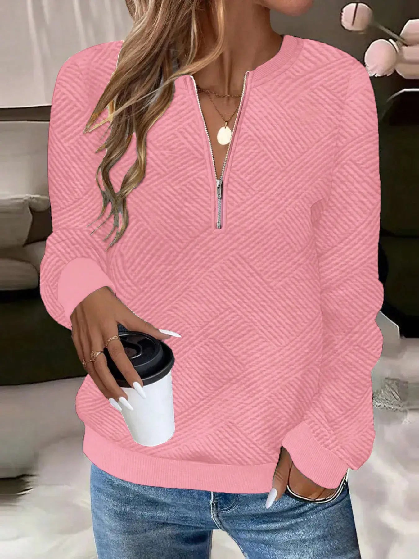 Quarter Zip Textured Long Sleeve Sweatshirt - Trendsi - Flyclothing LLC