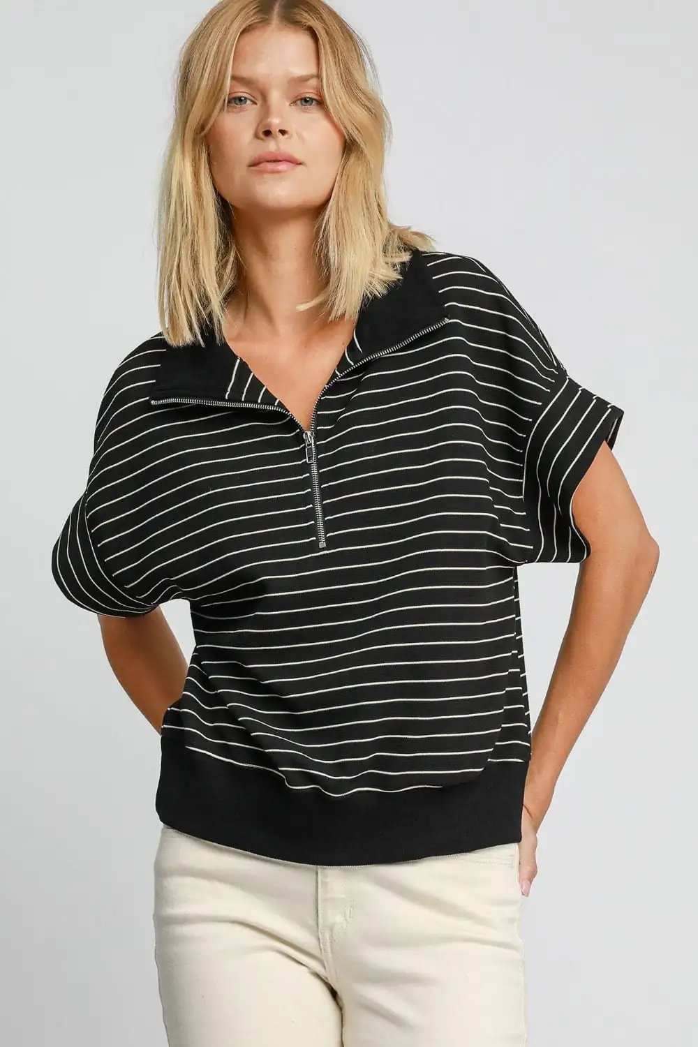Umgee Striped Half Zip Short Sleeve Sweatshirt - Trendsi