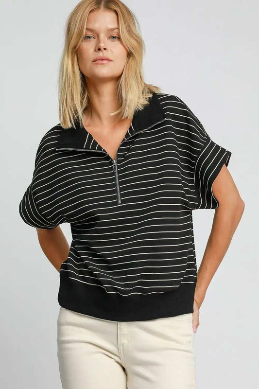 Umgee Striped Half Zip Short Sleeve Sweatshirt - Trendsi - Flyclothing LLC