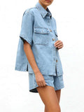 Button Up Short Sleeve Top and Shorts Denim Set - Trendsi - Flyclothing LLC