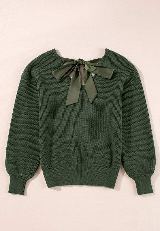 Tied Back V-Neck Long Sleeve Sweater - Trendsi - Flyclothing LLC