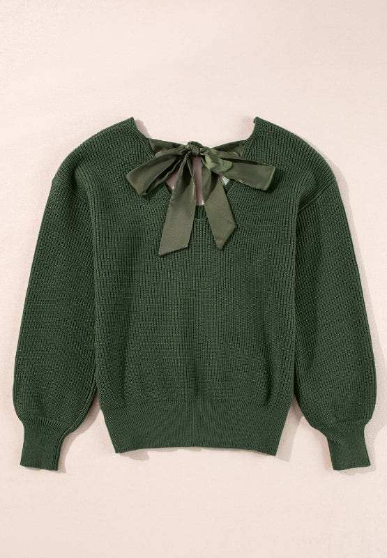 Tied Back V-Neck Long Sleeve Sweater - Trendsi - Flyclothing LLC