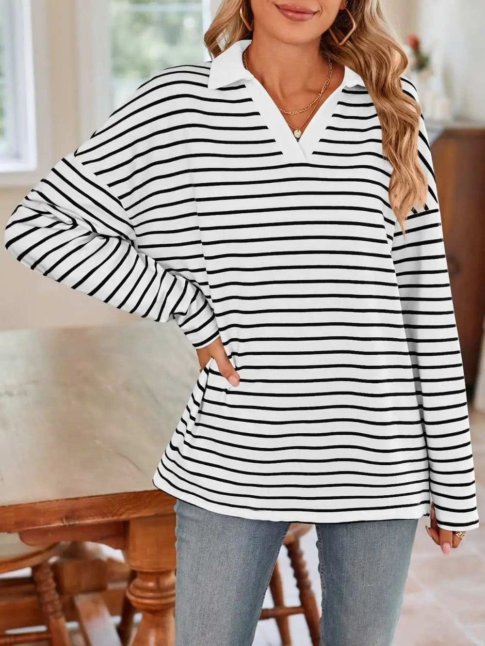 Striped Johnny Collar Long Sleeve T-Shirt - Trendsi - Flyclothing LLC