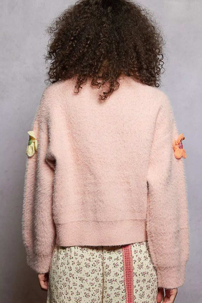 POL Round Neck Long Sleeve Sweater with 3D Floral Patch Detail - Trendsi - Flyclothing LLC