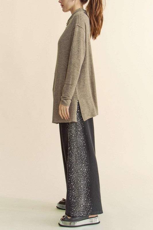Davi & Dani Slit Mock Neck Long Sleeve Top - Trendsi - Flyclothing LLC