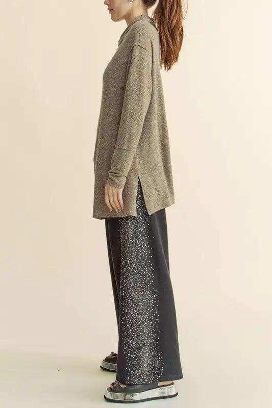 Davi & Dani Slit Mock Neck Long Sleeve Top - Trendsi - Flyclothing LLC