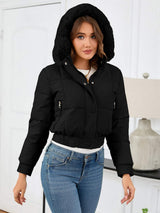 Pocketed Long Sleeve Cropped Hooded Winter Coat - Trendsi - Flyclothing LLC