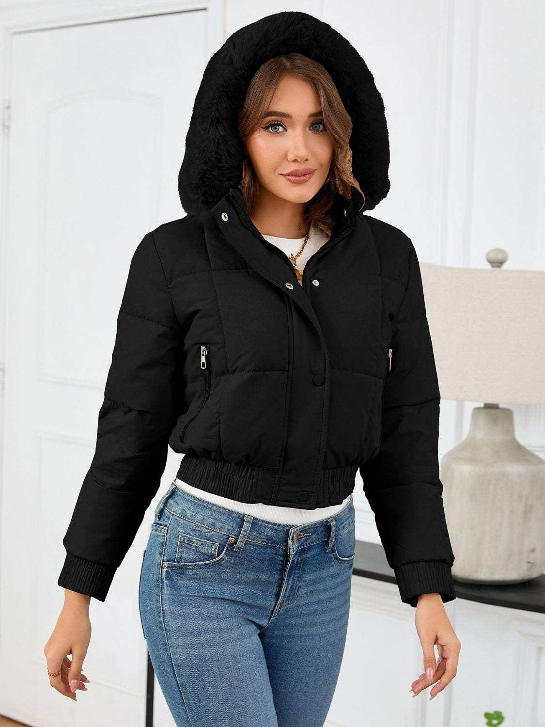 Pocketed Long Sleeve Cropped Hooded Winter Coat - Trendsi - Flyclothing LLC