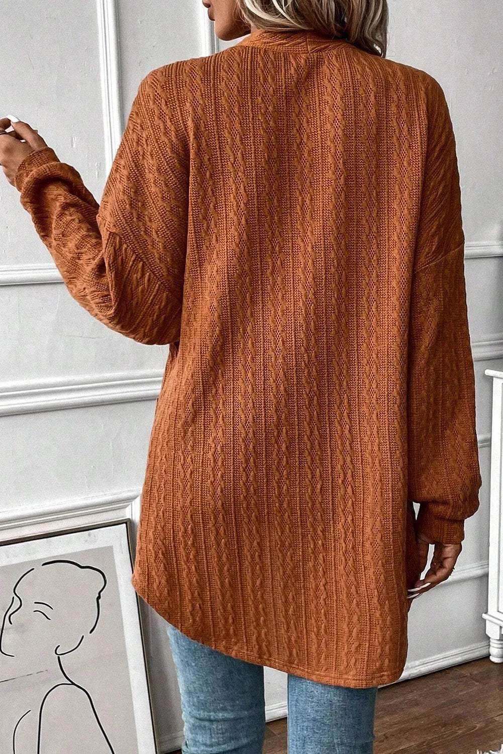 Textured Pocketed Open Front Long Sleeve Cover Up - Trendsi - Flyclothing LLC