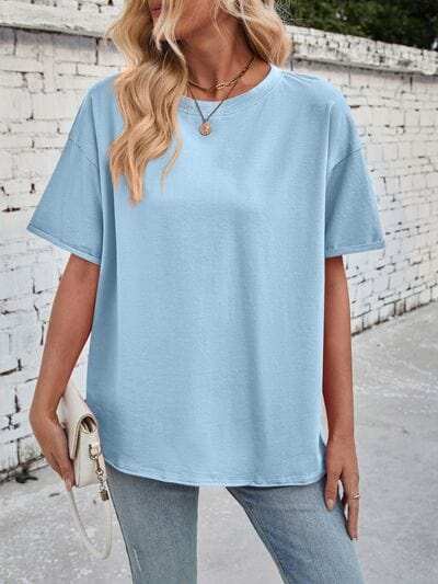 Lovelet Exposed Seam Round Neck Half Sleeve T-Shirt - Trendsi - Flyclothing LLC