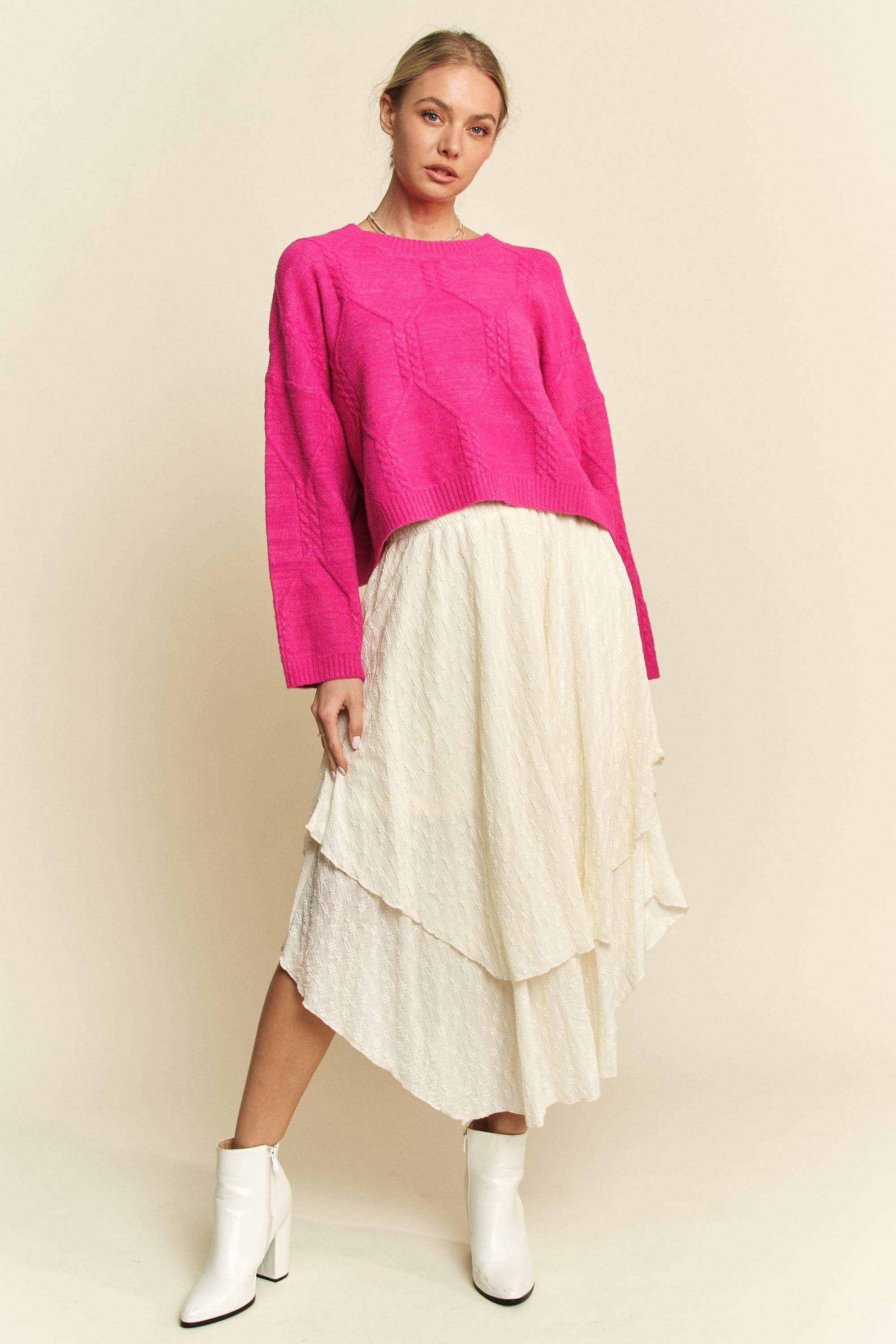 Davi & Dani Diamond Cable Pattern Drop Shoulder Sweater - Trendsi - Flyclothing LLC