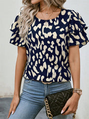 Ruffled Printed Round Neck Short Sleeve Blouse - Trendsi