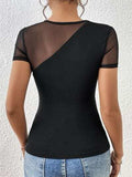 Mesh Patchwork Round Neck Short Sleeve Top - Trendsi - Flyclothing LLC