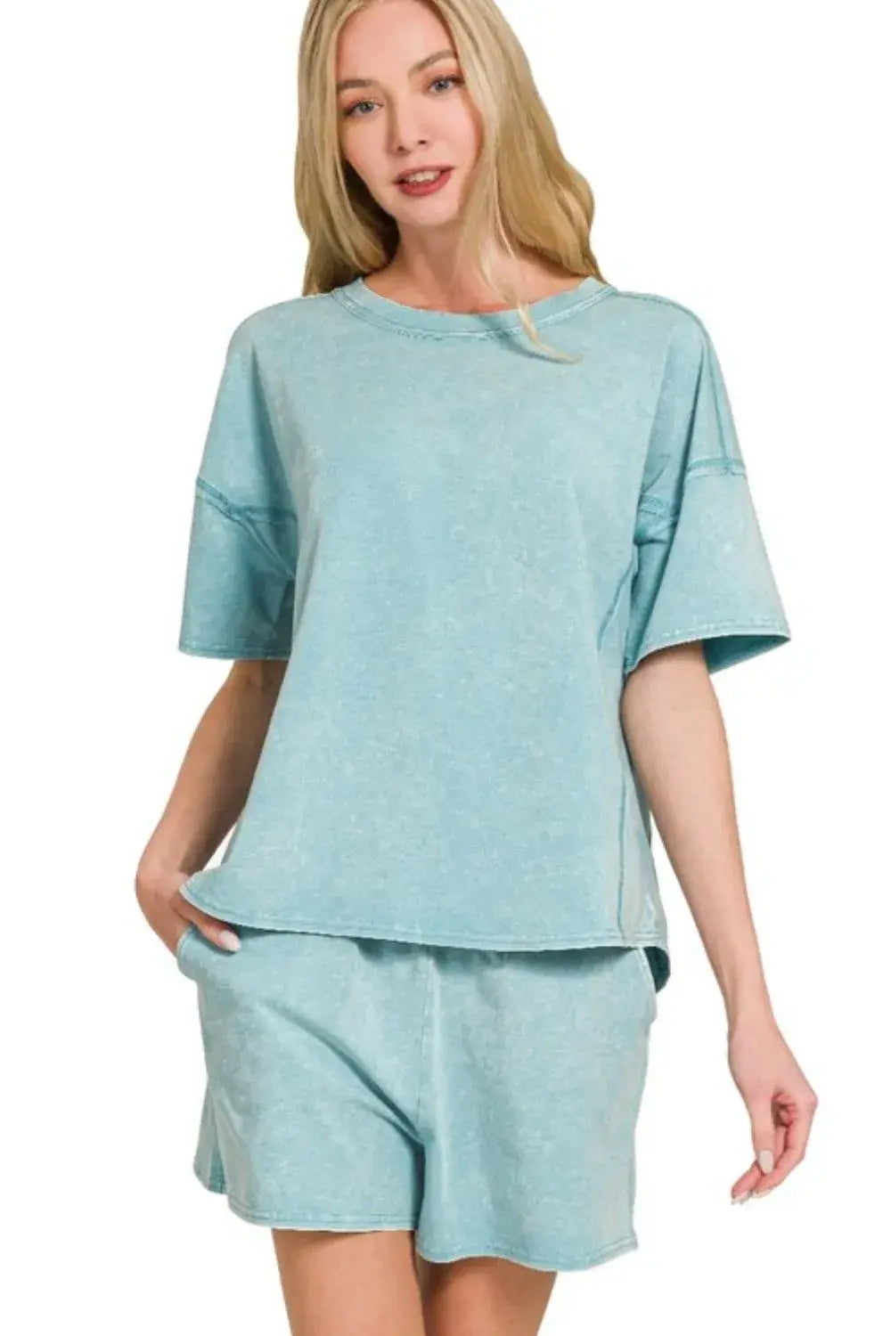 Zenana Acid Washed Short Sleeve Tee & Shorts Set - Trendsi - Flyclothing LLC