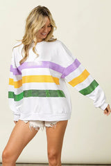 BiBi Sequin Mardi Gras Striped Round Neck Sweatshirt - Trendsi - Flyclothing LLC