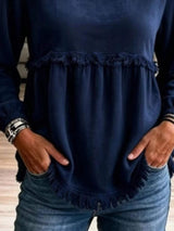 Fringed Hem Long Sleeve T-Shirt - Trendsi - Flyclothing LLC