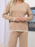 Contrast Trim Round Neck Top and Pants Sweater Set - Trendsi - Flyclothing LLC
