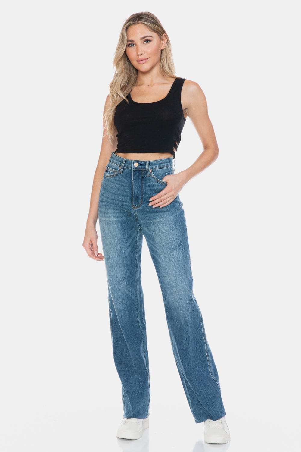Judy Blue Full Size Tummy Control Cut Raw Hem Straight Jeans - Trendsi - Flyclothing LLC