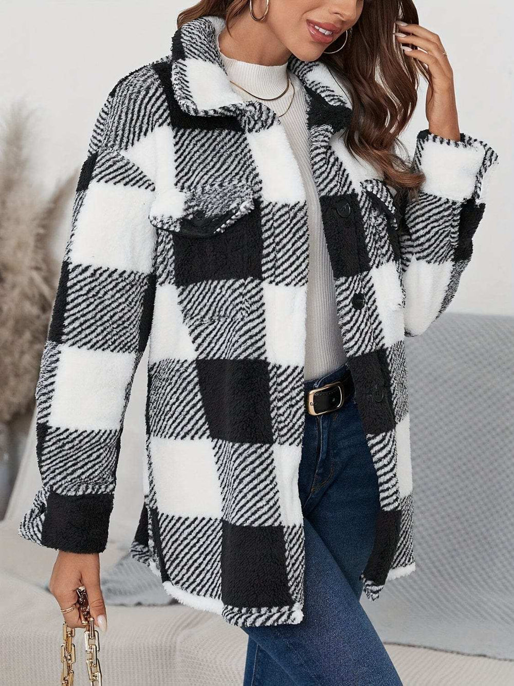 Plaid Button Up Long Sleeve Fuzzy Outerwear - Trendsi - Flyclothing LLC