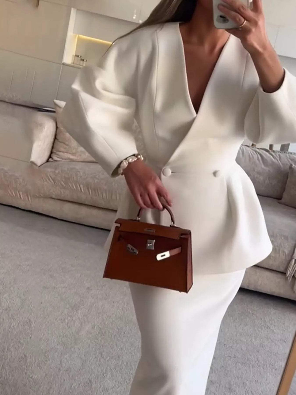Double-Breasted Peplum Blazer and Skirt Set - Trendsi - Flyclothing LLC