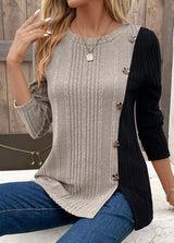 Color Block Ribbed Knit Decor Button T-Shirt - Trendsi - Flyclothing LLC
