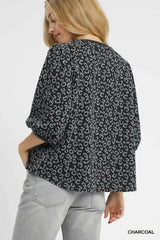 Umgee Leopard Print Jacquard Blouse with Puff Sleeves - Trendsi - Flyclothing LLC