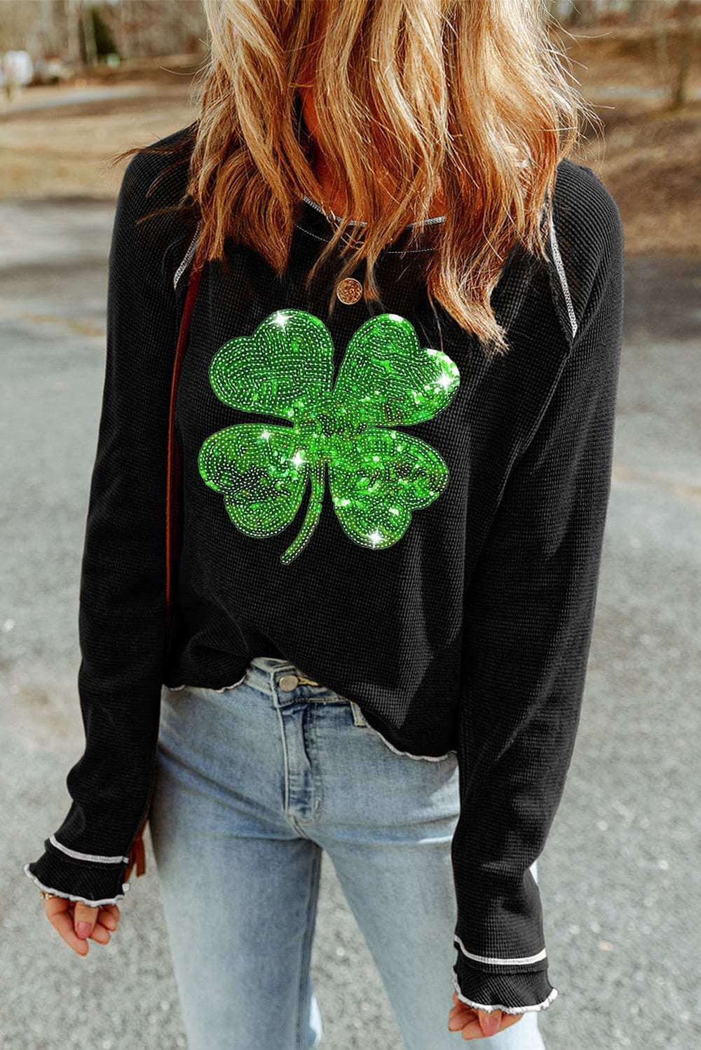 Sequin Lucky Clover Lettuce Trim Long Sleeve Top - Trendsi - Flyclothing LLC
