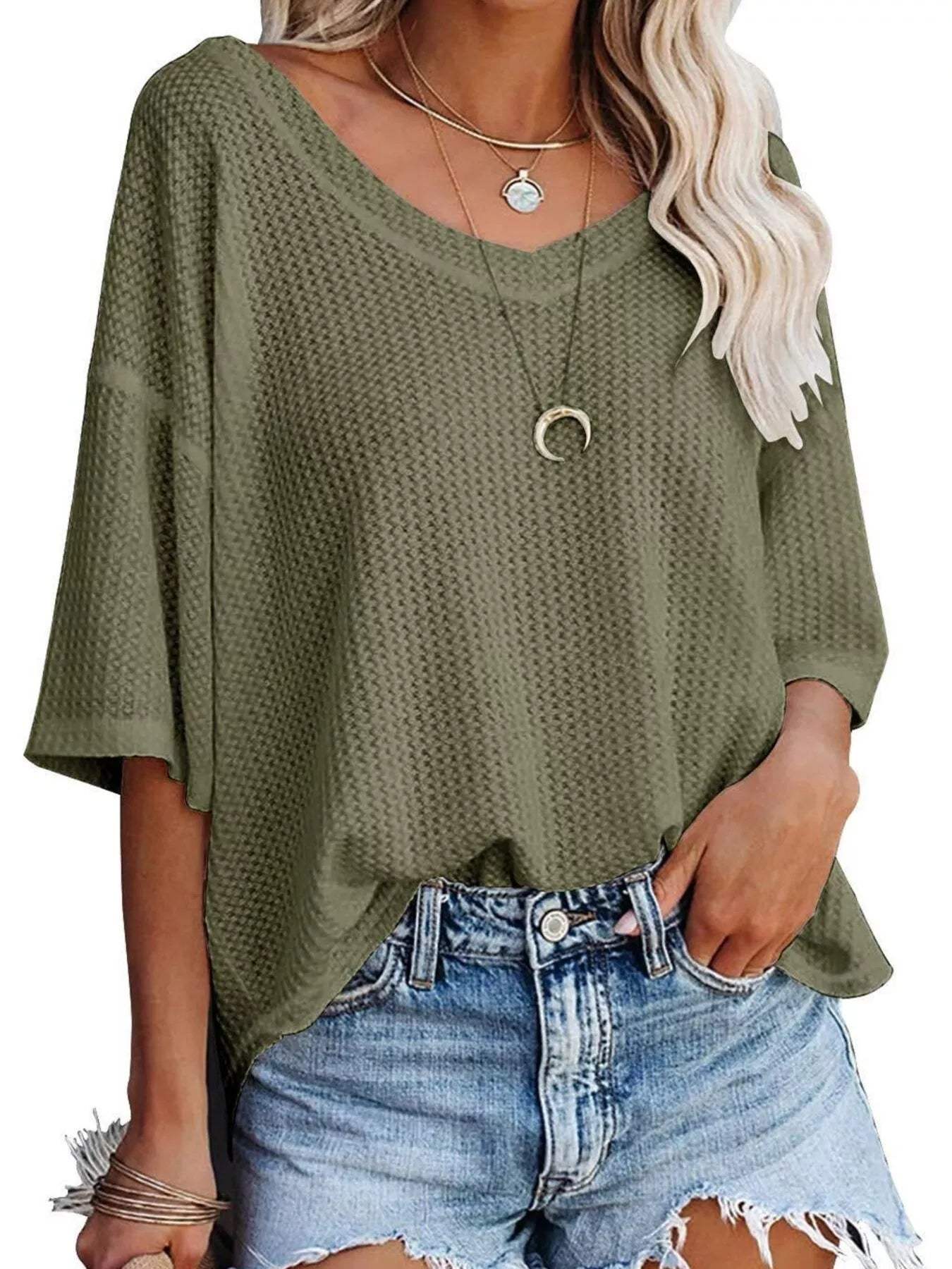 Waffle Knit V-Neck Short Sleeve T-Shirt - Trendsi - Flyclothing LLC