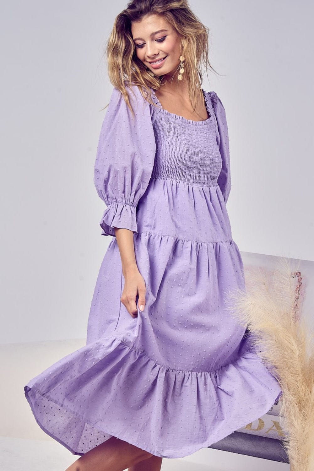 BiBi Swiss Dot Flounce Sleeve Smocked Tiered Midi Dress - Trendsi