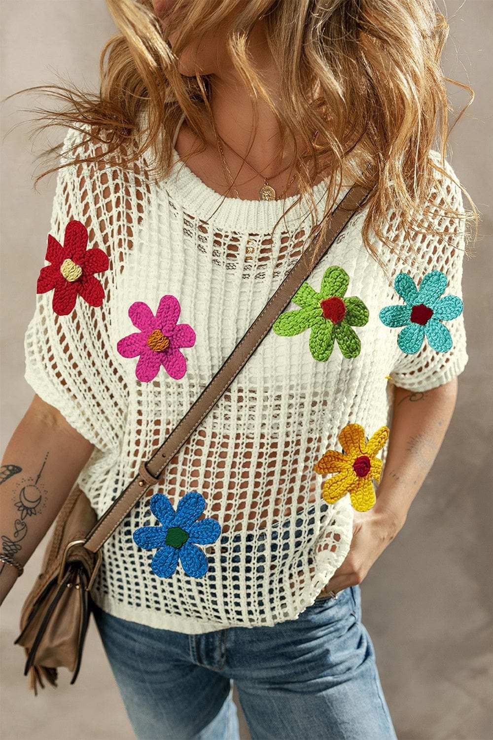 Flower Round Neck Half Sleeve Knit Cover Up - Trendsi - Flyclothing LLC