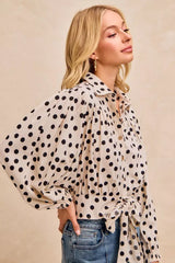 BiBi Polka Dot Print Tie Hem Detail Crop Shirt - Trendsi - Flyclothing LLC