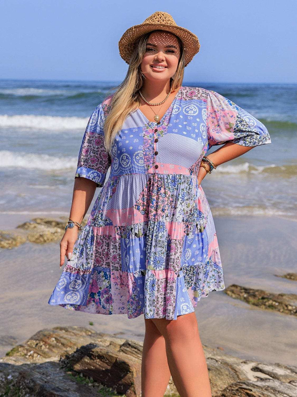 Plus Size Printed V-Neck Tiered Mini Dress - Trendsi - Flyclothing LLC