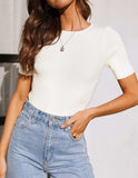 Mandy Ribbed Round Neck Short Sleeve Knit Top - Trendsi - Flyclothing LLC