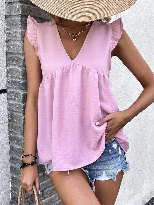 Ruffled V-Neck Cap Sleeve Blouse - Trendsi