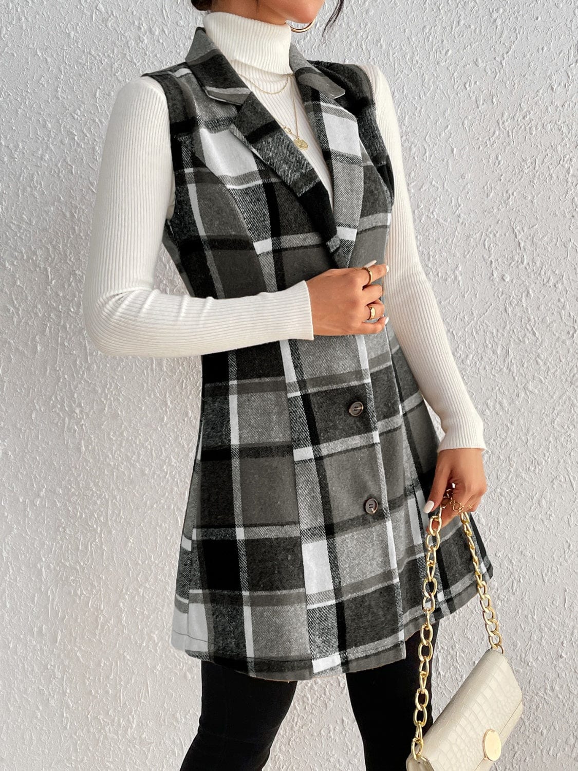 Honey Plaid Button Up Vest Coat - Trendsi