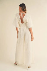 MABLE Fluffy Deep V Neck Wide Leg Jumpsuit - Trendsi - Flyclothing LLC
