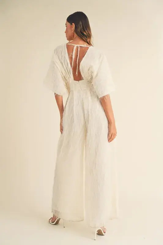 MABLE Fluffy Deep V Neck Wide Leg Jumpsuit - Trendsi - Flyclothing LLC