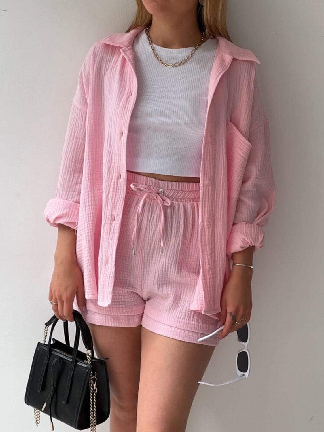 Texture Button Up Shirt and Drawstring Shorts Set - Trendsi - Flyclothing LLC